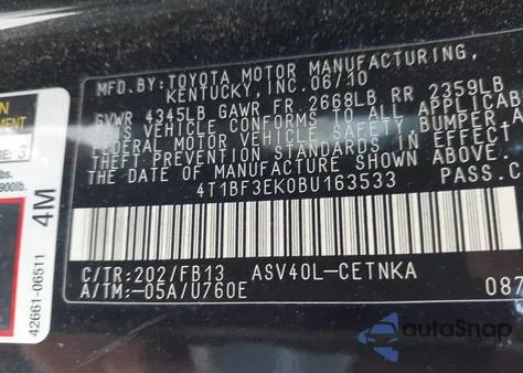 2011 Toyota Camry Le from USA, damaged, VIN 4T1BF3EK0BU163533